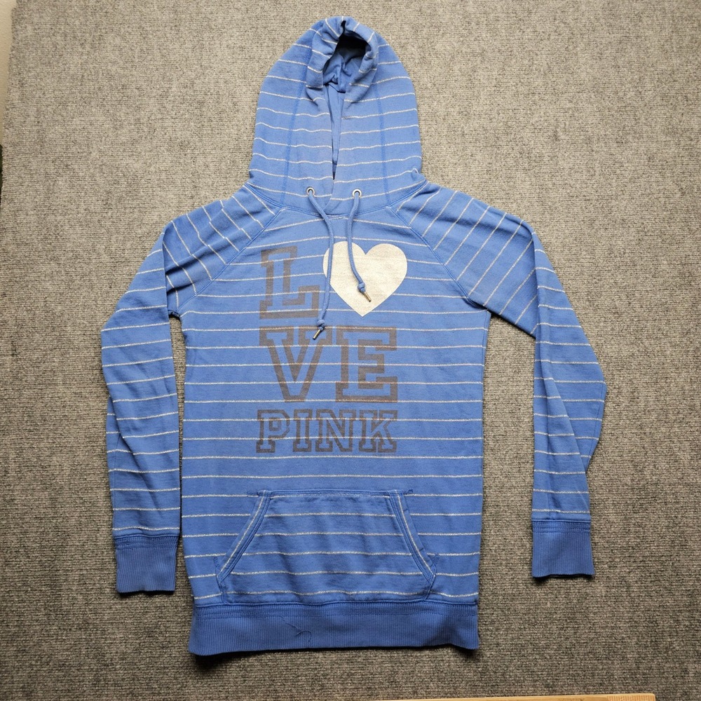 Victorias Secret PINK Hoodie Blue Gold Metallic Stripe Heart Graphic Small
